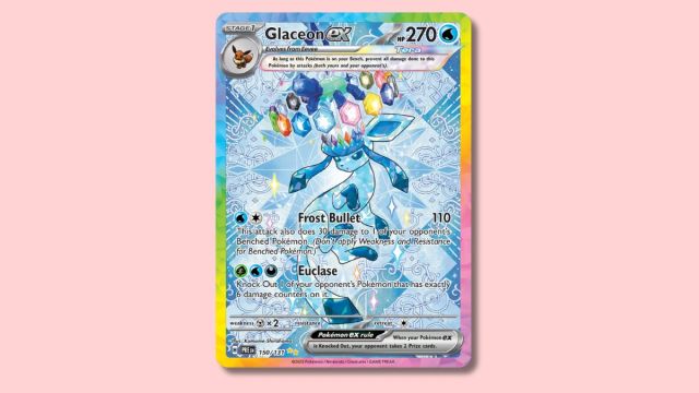 Glaceon ex Pokémon card on a pink background.
