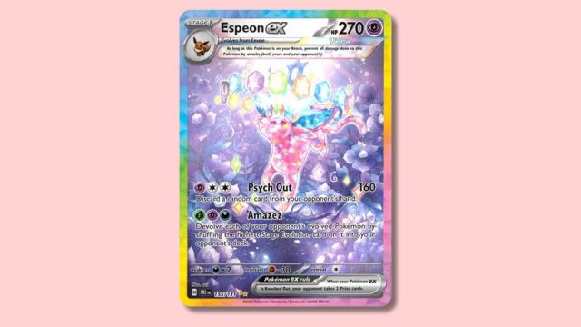 Espeon ex Pokémon card on a pink background.