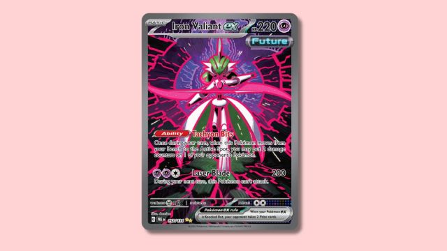 Iron Valiant ex Pokémon card on a pink background.
