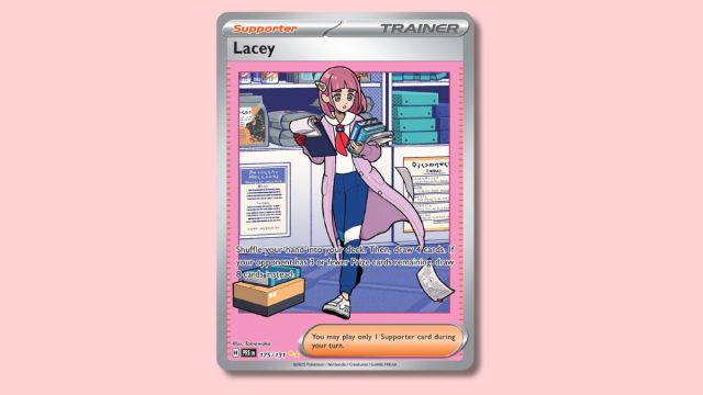 Lacey Pokémon card on a pink background.
