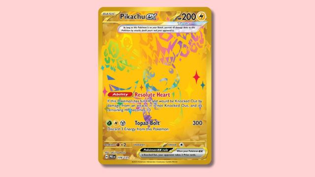 Pikachu ex Pokémon card on a pink background.