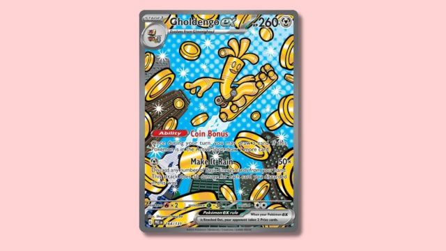 Gholdengo ex Pokémon card on a pink background.