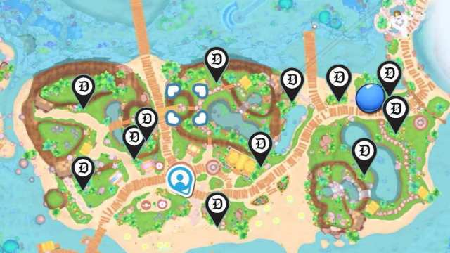 All possible Rubber locations marked on a map in Hello Kitty Island Adventure.