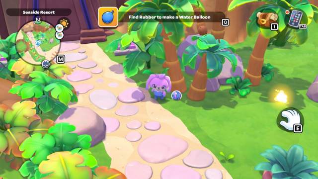A pink bunny standing by a Rubber ball at the base of a palm tree in Hello Kitty Island Adventure.