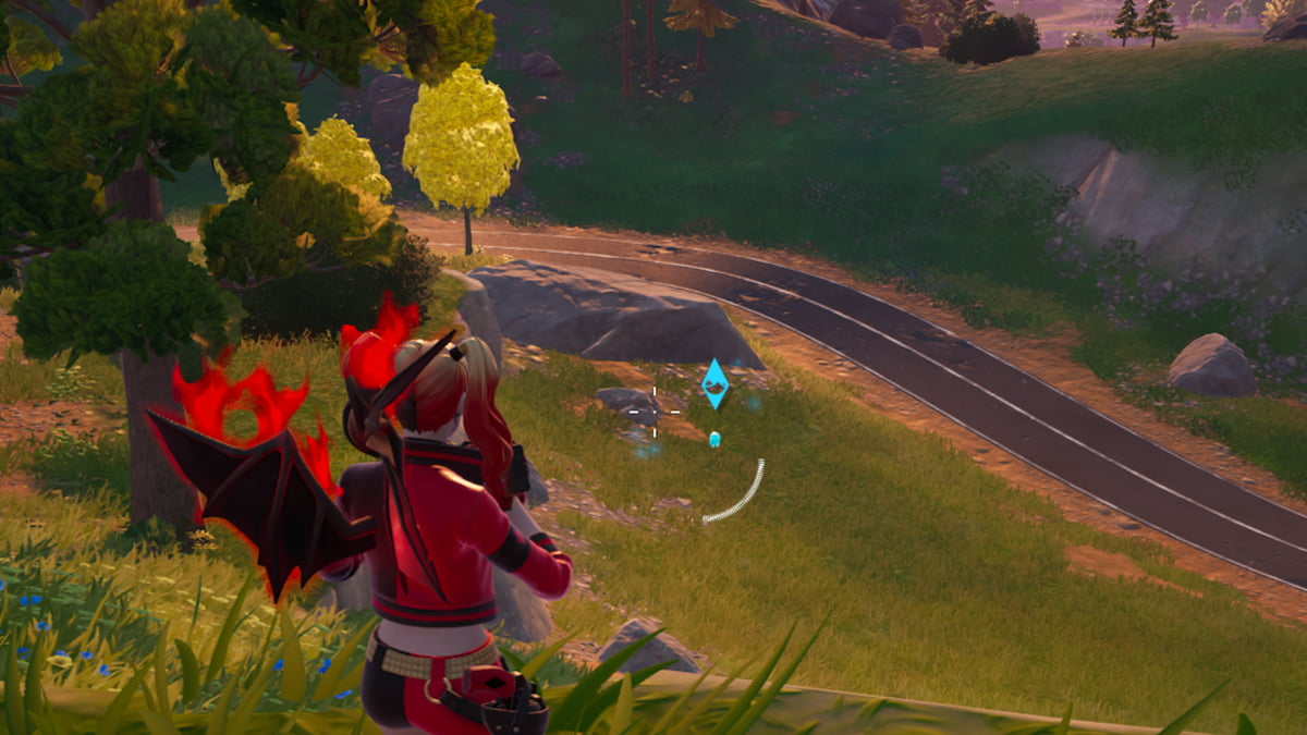 Harley Quinn looking at a marked Water Sprite in Fortnite.