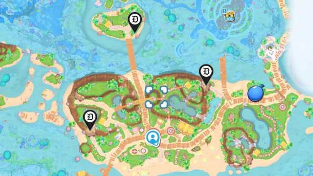 All Yellow Power Crystal locations marked on a map in Hello Kitty Island Adventure.