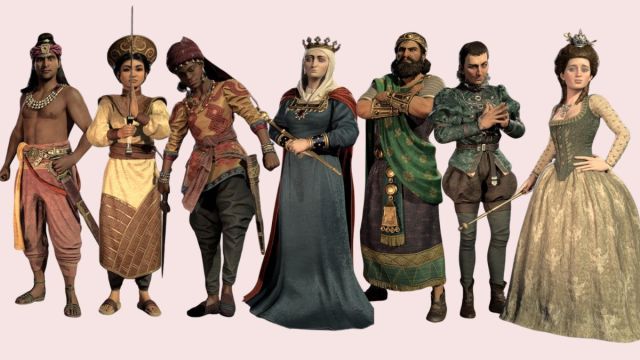 Ashoka, Trung Trac, Amina, Isabella, Xerxes, Machiavelli, and Catherine the Great Civilization 7 Leaders on a pink background.