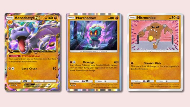 Pokémon TCG Pocket cards on a pink background.