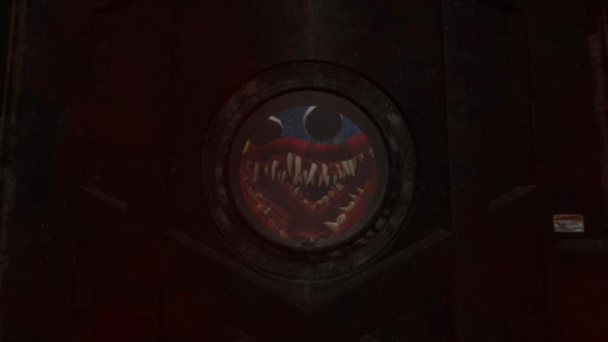 Looking out of a submarine-style door in The Labs entrance, jumpscared by Huggy Wuggy's open mouth at the end of Poppy Playtime Chapter 4