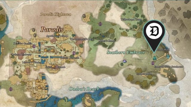 A piece of Strangled Adra marked on the Dawnshore map in Avowed.