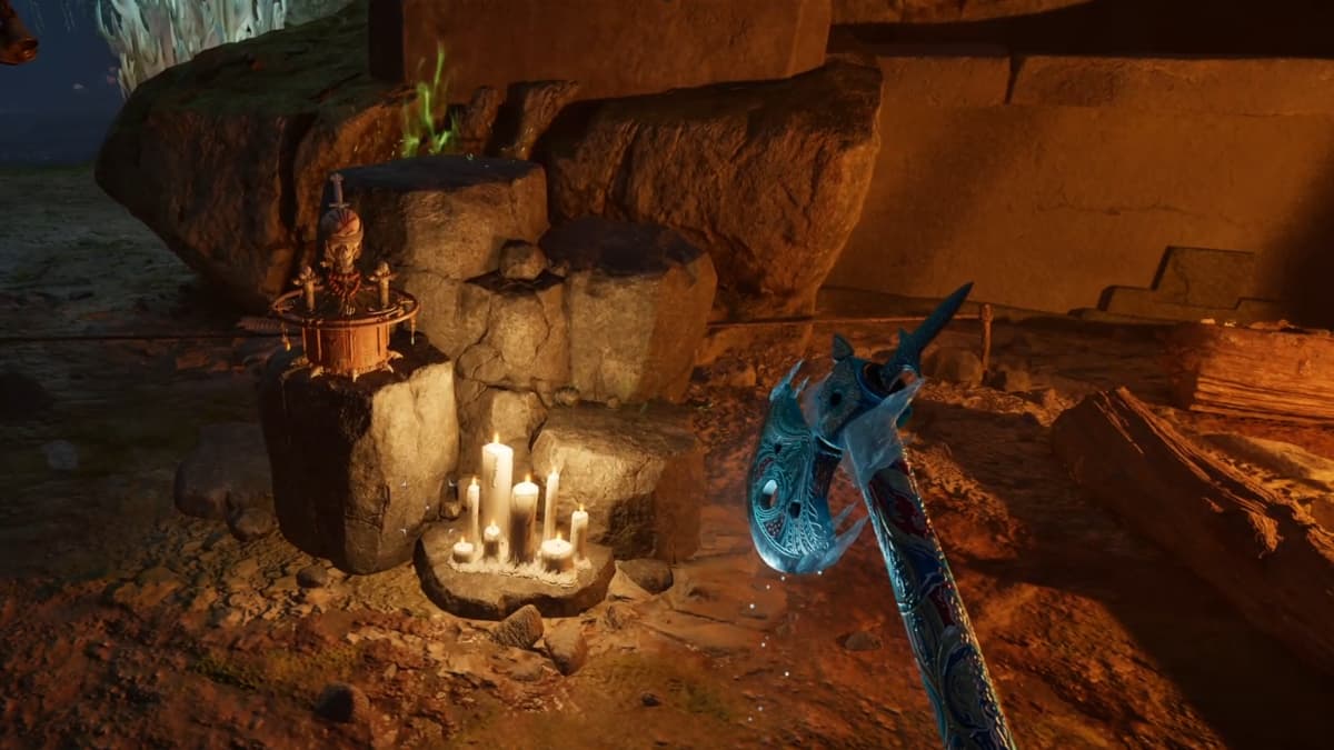 The completed Totem of Defiance shown at a party camp in Avowed.