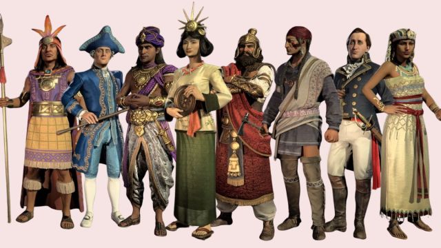 Pachacuti, Friedrich, Ashoka, Himiko, Xerxes, Tecumseh, Lafayette, and Hatshepsut Civilization 7 Leaders on a pink background.