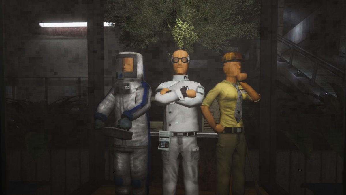 Three core scientists inside the glass container of Abiotic Factor