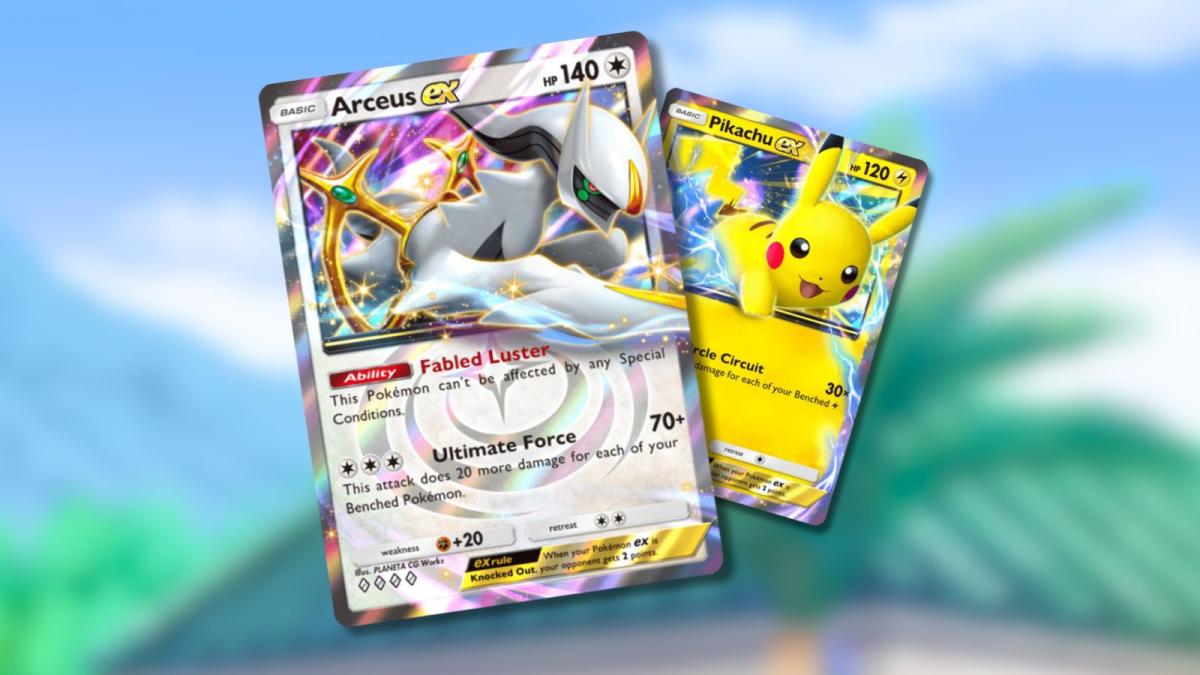 Pokémon TCG Pocket Arceus ex and Pikachu ex cards with blurred anime background.