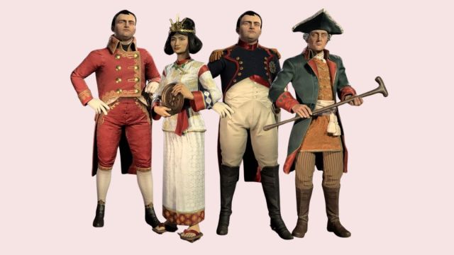 Napoloen, Himiko, Napoleon, and Friedrich Civilization 7 Leaders on a pink background.