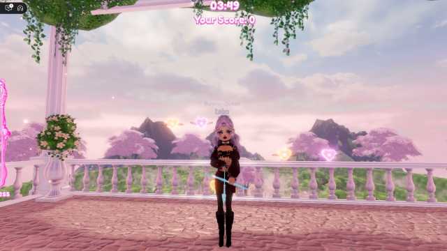 Dress to Impress character standing on a balcony over a garden.