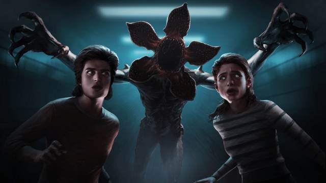 An image of art from Dead by Daylight of the Demogorgon attacking Steve and Nancy from Stranger Things.
