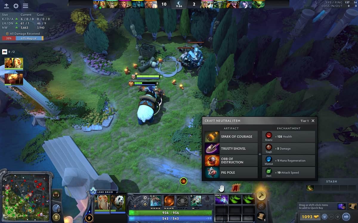 Lone Druid showcasing the different craftable Neutral Items in Dota 2