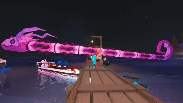 Picture showing the player holding the Lovestorm Eel in Fisch at night.