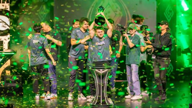 FlyQuest players celebrating after winning the LCS 2024 Championship.