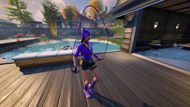 An image of the Valentina NPC from Fortnite, who wears a purple shirt and mask and uses a jump rope.
