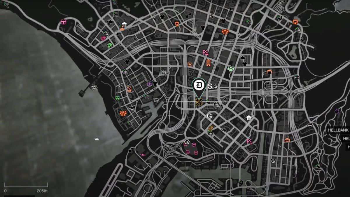 An image from GTA Online of the map of Los Santos. There is a pin showcasing the location of Benny's Motorworks in the center of the map.
