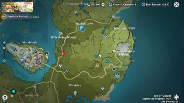 An image from Genshin Impact Anecdote Chronicle of Amber's location on the map.