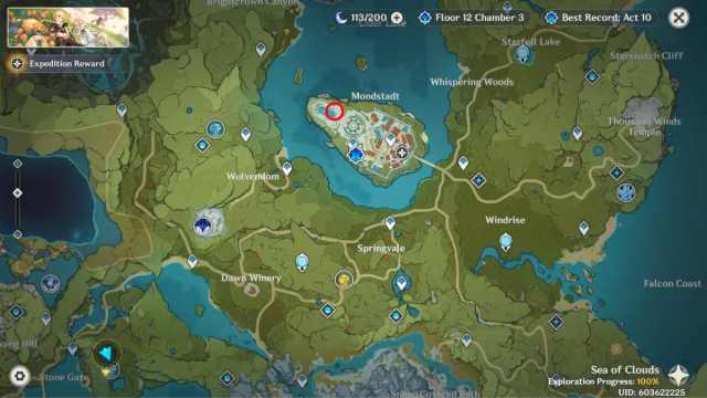 An image from Genshin Impact Anecdote Chronicle event of Rosaria's location on the map.