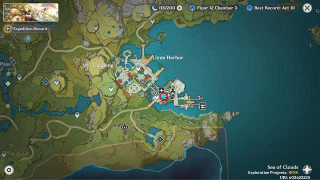 An image from Genshin Impact of the spawn location of Qiqi and Shenhe in the Anecdote Chronicle event.