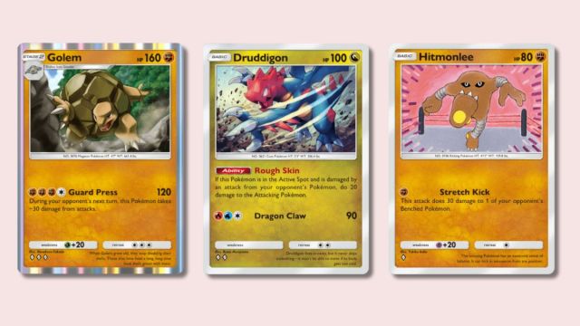 Golem, Druddigon, and Hitmonlee Pokémon TCG Pocket cards on a pink background.