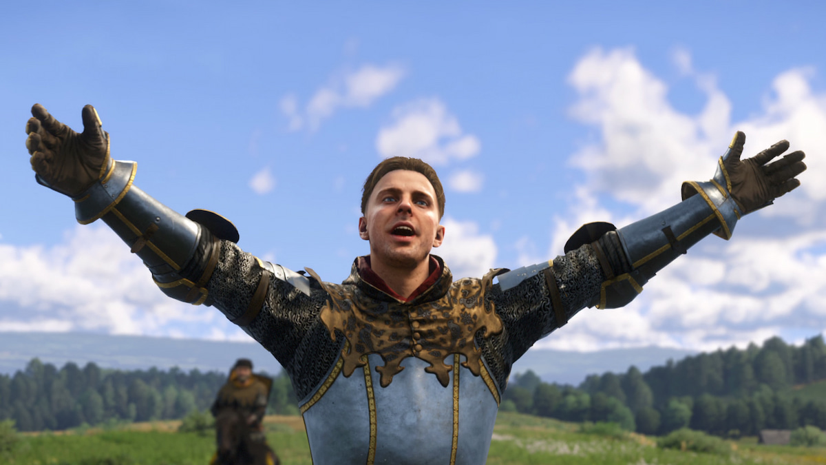 an armored knight with his arms outstretched to the sky