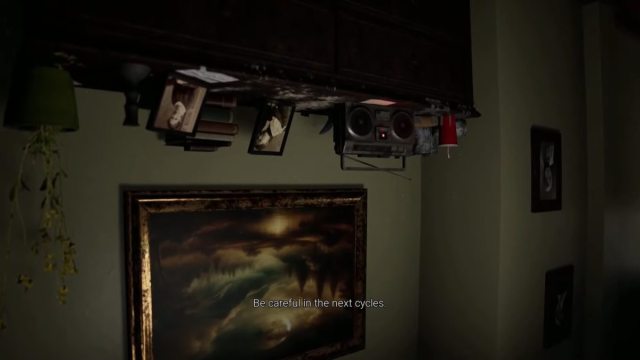Looking at a radio in the upside down version of the infinite corridors with text on the bottom of the screen warning you about the next cycles