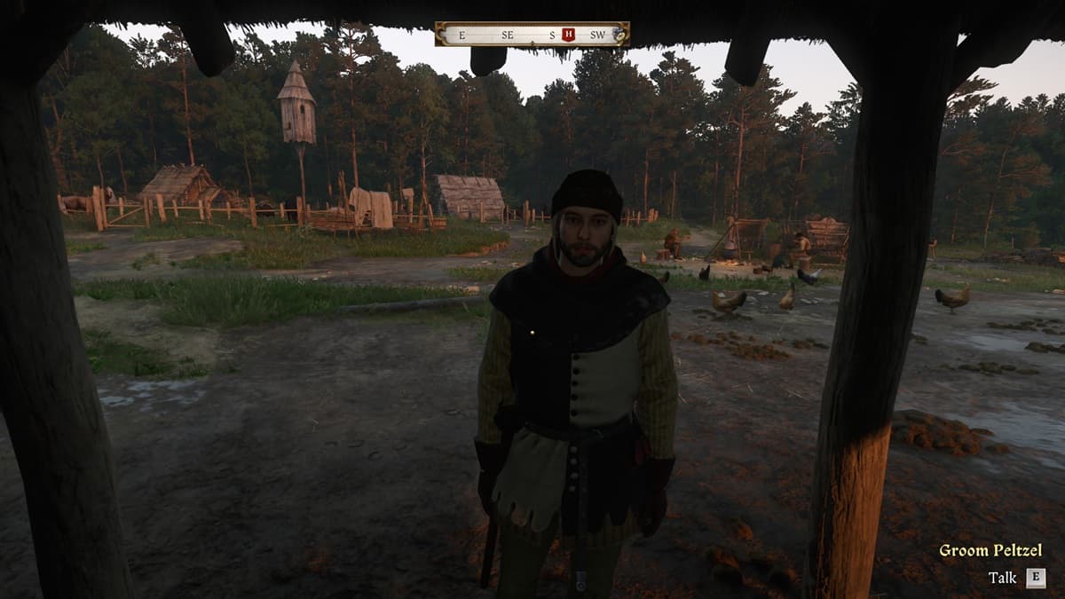 A man with a black and white attire talking to the player standing on a farm