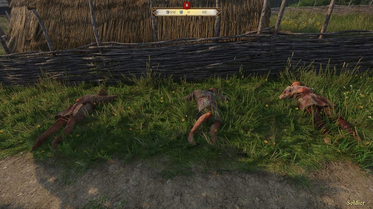 Three corpses laying on a grassy field with a wooden fence in the background