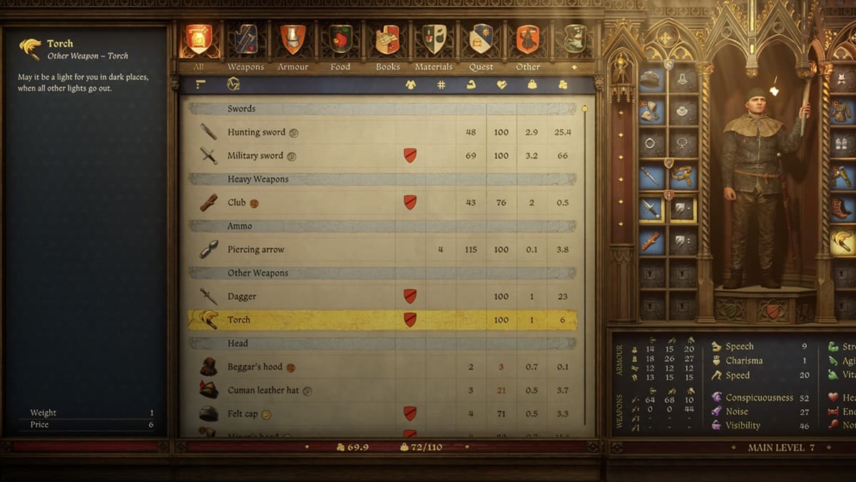 Inventory screen showcasing Henry holding a torch with the torch item highlighted in Kingdom Come Deliverance 2