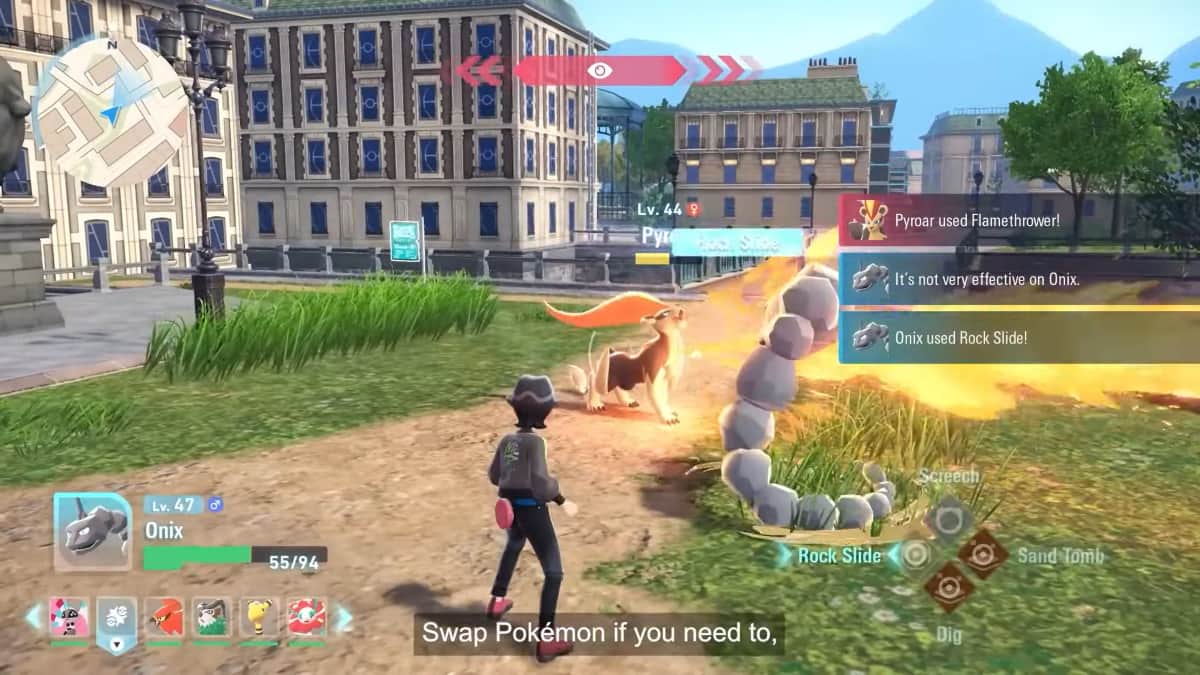 An Onix and Pyroar battling in Pokemon Legends Z-A.