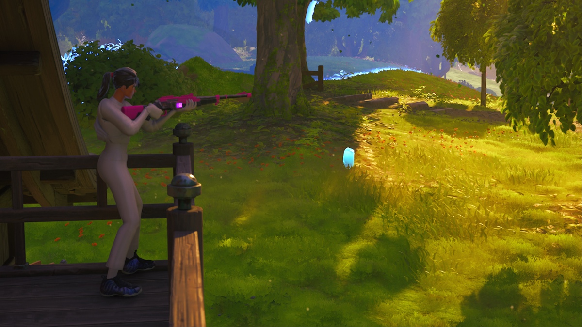 fortnite character dressed in white holding a gun