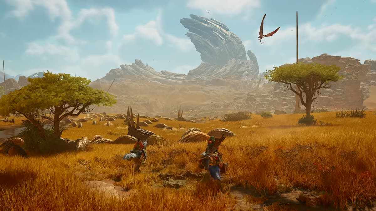 Two figures ride animals through a plain of dinosaur-like monsters. A circular mountain rises in the distance.