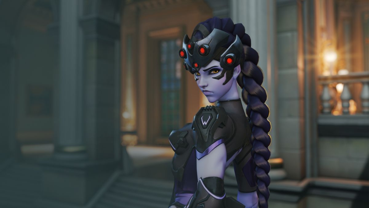 An image from overwatch 2 of Widowmaker staring at the camera in her classic skin.