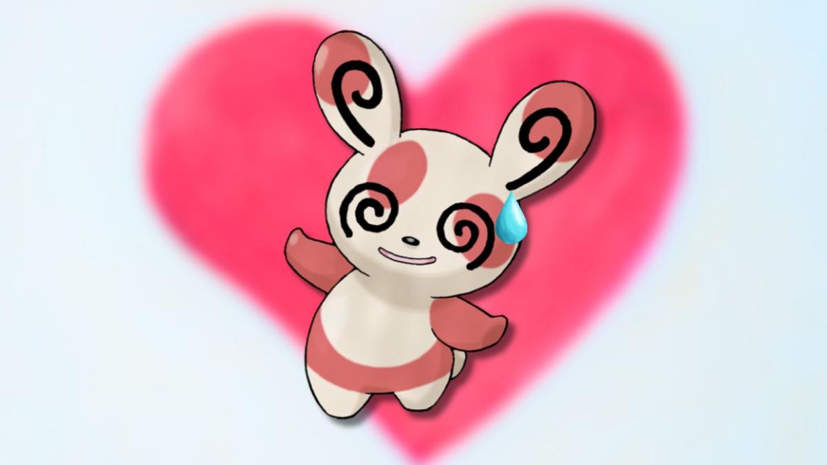 Spinda Pokémon with a sweat drop in front of a blurred heart background.