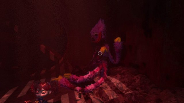 A scared Kissy Missy reacting to The Prototype's voice at the end of Poppy Playtime Chapter 4