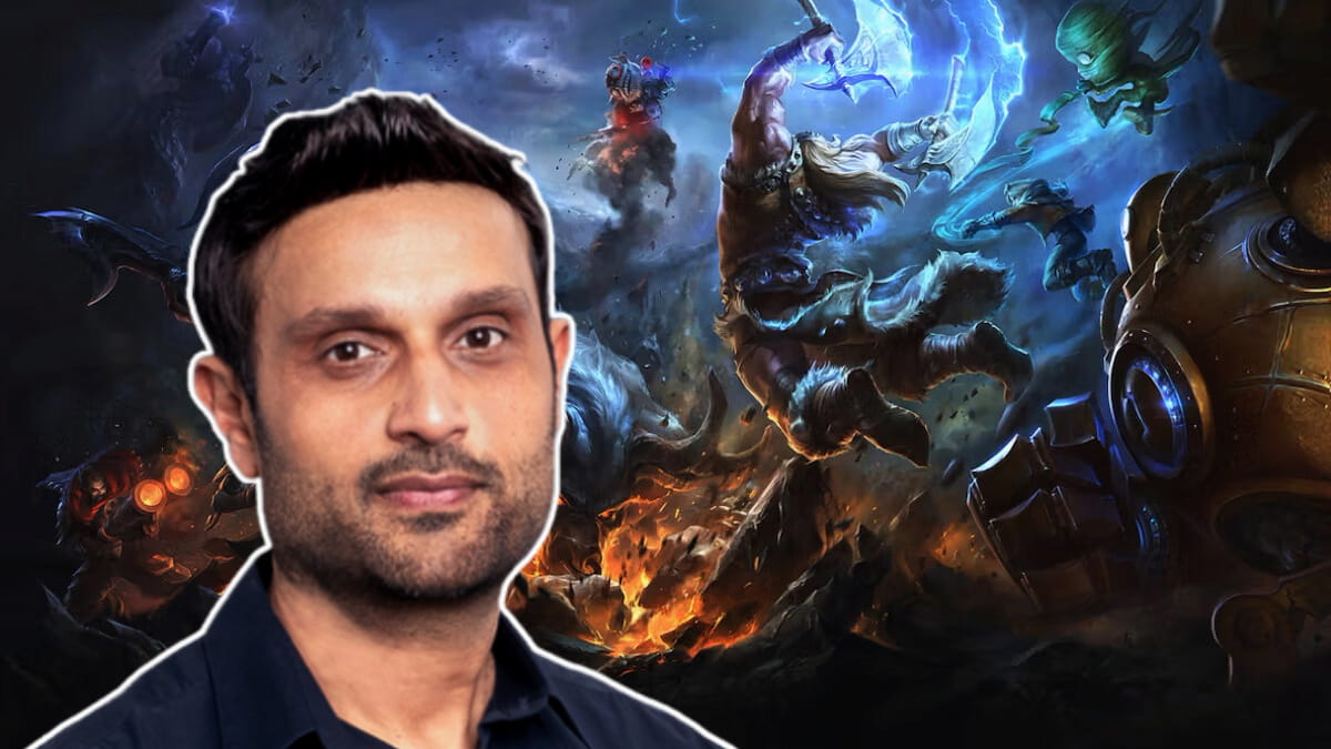 Picture showing Riot Games CEO Dylan Jadeja with League of Legends in the background.