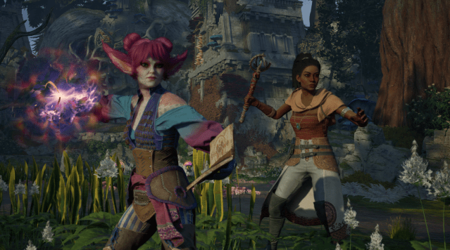 Yatzli and Giatta posing for battle in Avowed.