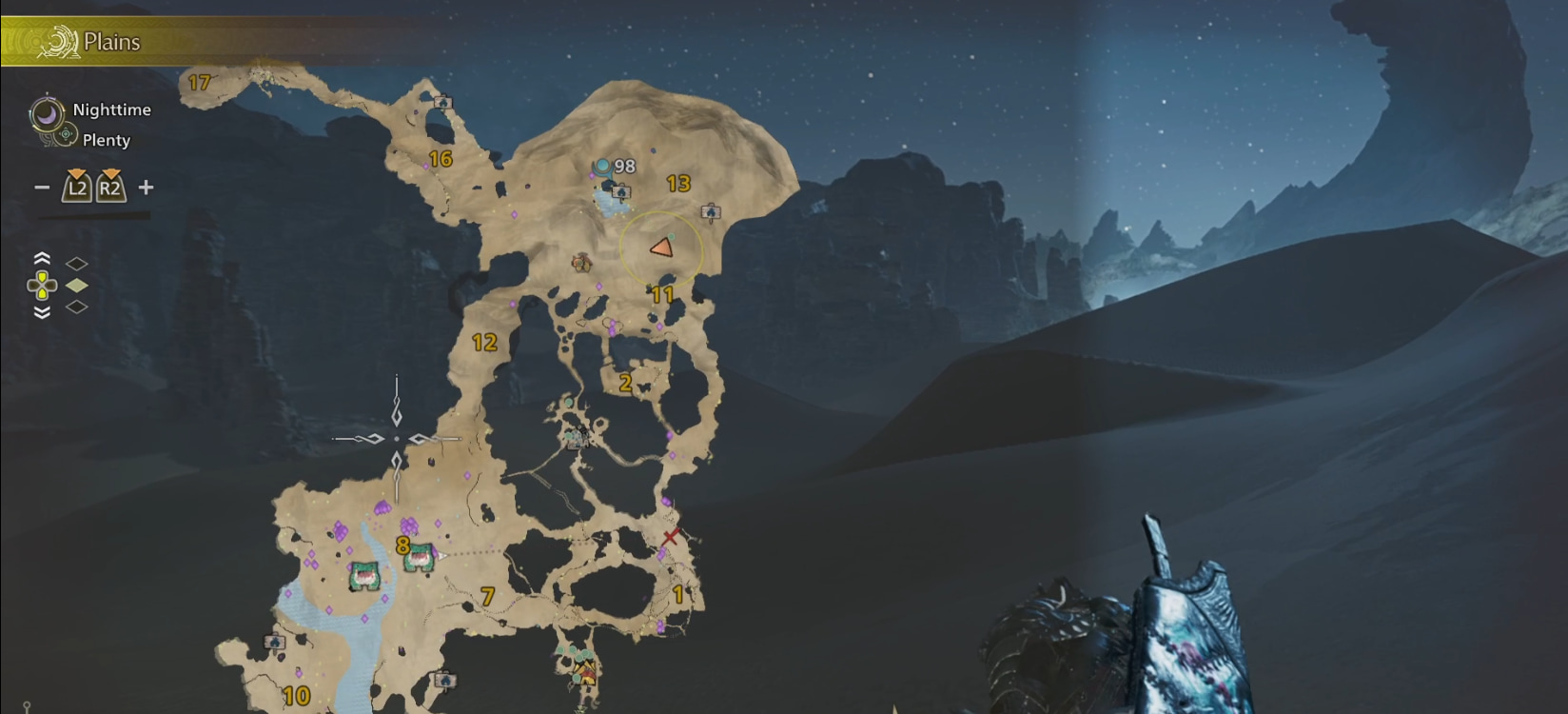 A screenshot of a map from Monster Hunter Wilds. showing the map overlay against a dark starry sky in a desert.