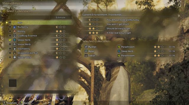 a list of resources gatherers will collect.
