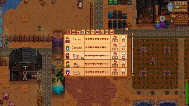 An image from Stardew Valley of the social tab, which showcases the heart level of each character.