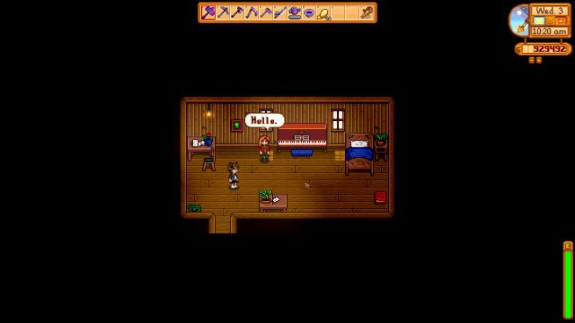 An image from Stardew Valley of Elliott in his cabin greeting the player.