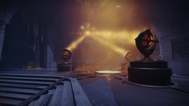 The first room in the Sundered Doctrine dungeon with the puzzle solved. Three mirrors point a beam of light to the center of a wheel, which displays the symbols Guardian, Enter, and Pyramid.