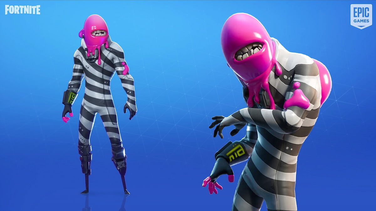 Teef with no eyes, pink skin and in a back and white striped outfit