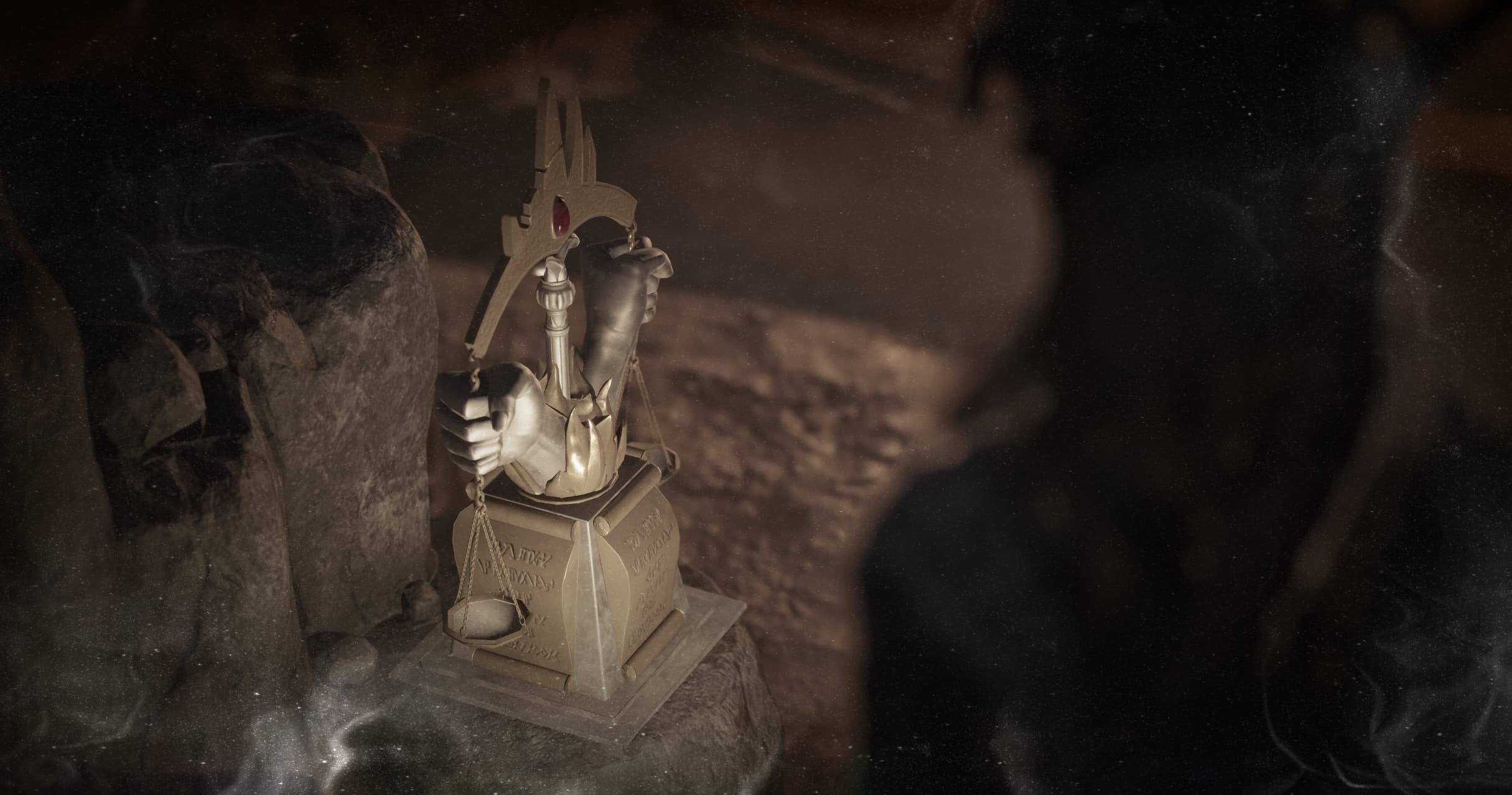 In a sepia vignette screenshot from Avowed, the main character looks onward at a statue holding two scales.
